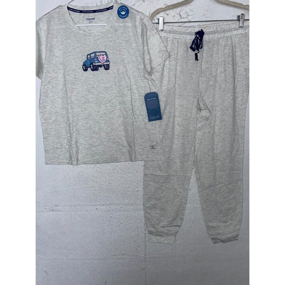 LIFE IS GOOD 2 Pc Pajama Set Womens L Top & Pant Gray Jeep Short sleeve soft